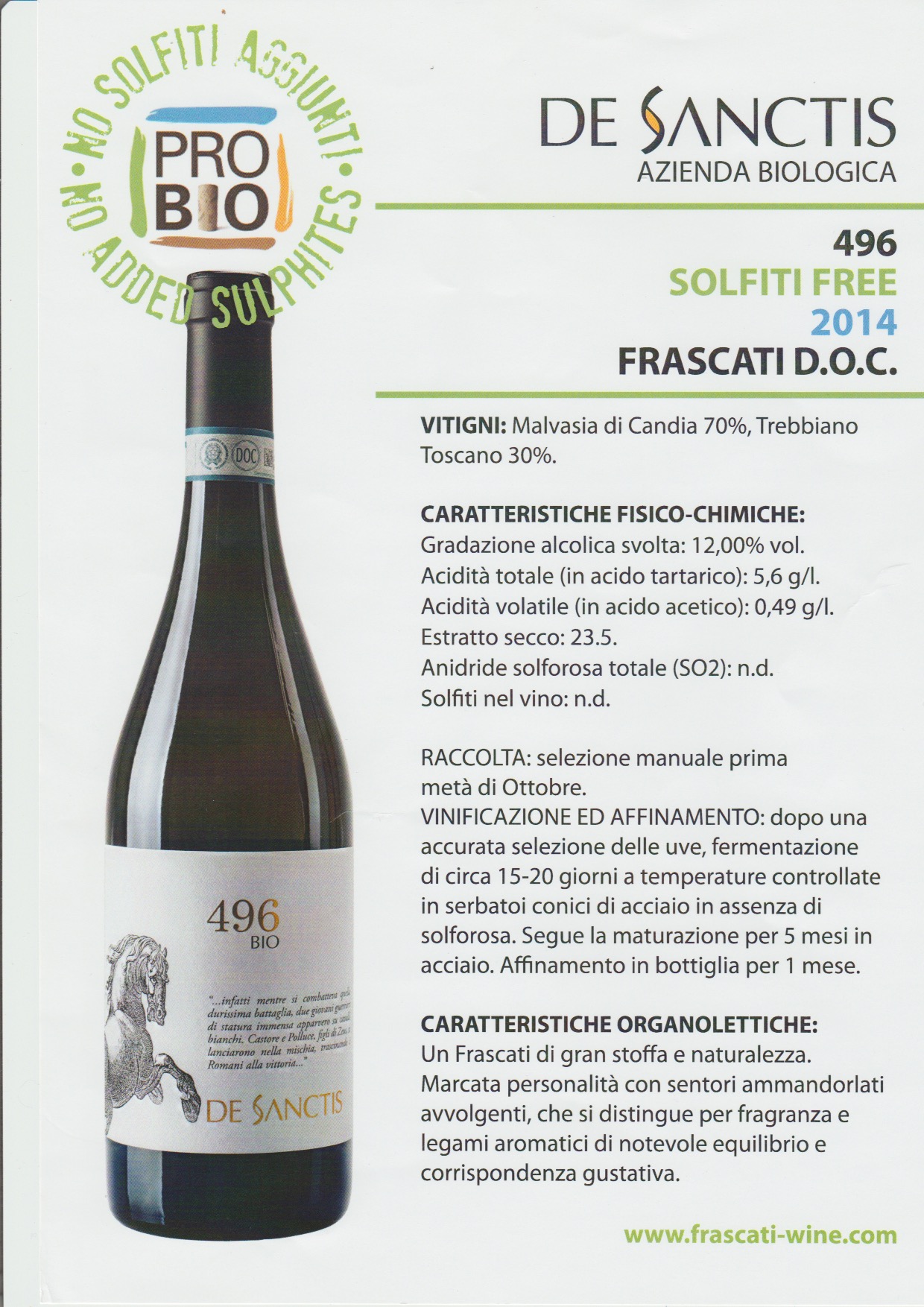 496 Solfiti Free 2014 Frascati D.O.C. De Sanctis Azienda Biologica - Porthos Edizioni 