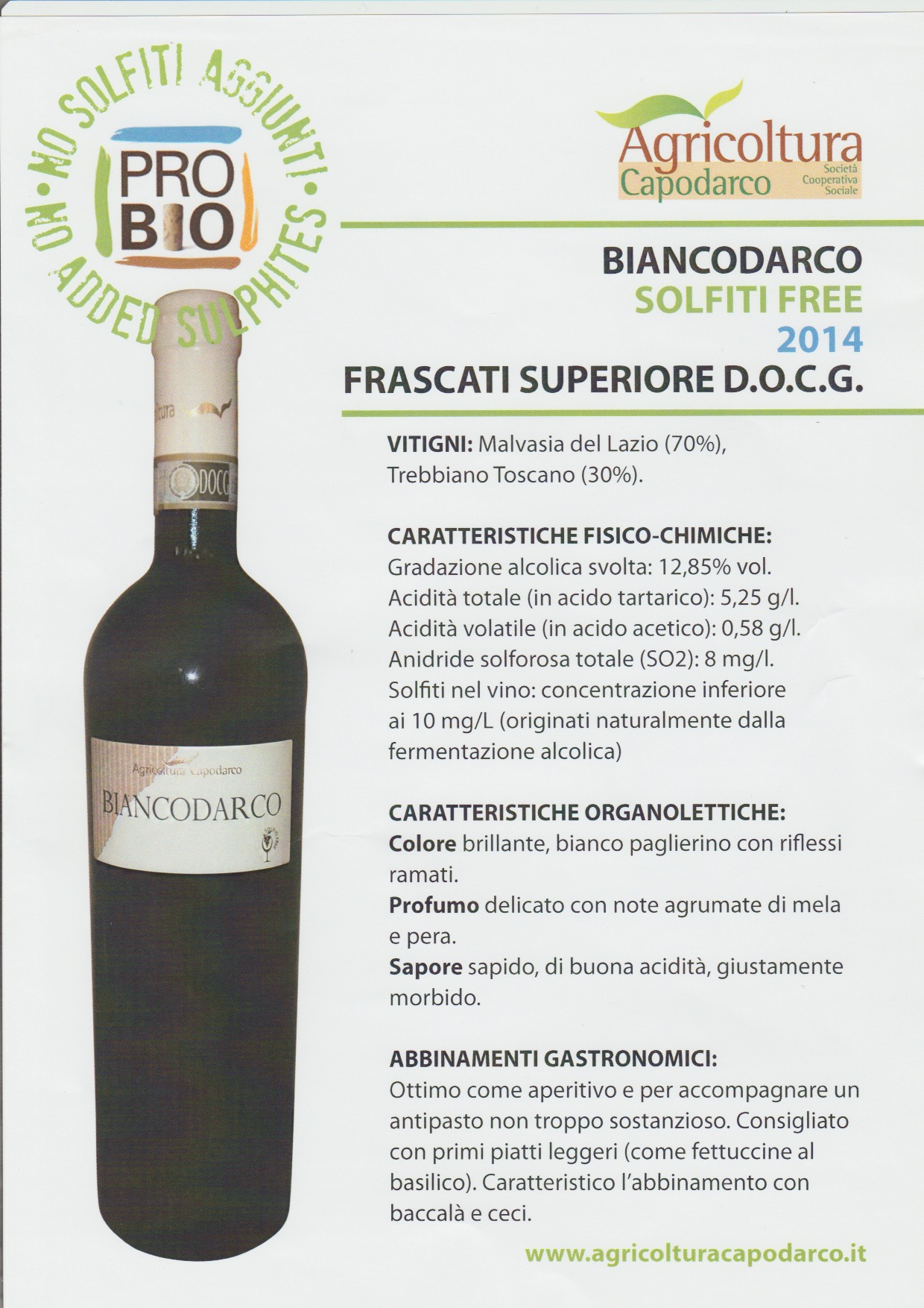 Biancodarco 2014 Frascati Superiore senza solfiti Agricoltura Capodarco - Porthos Edizioni